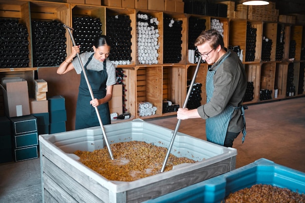 저장고 와이너리 및 증류소에서 와인 제조를 위한 포도 으깨기 산업 직원 양조업자와 생산에서 발효 과정을 위한 큰 상자를 혼합하기 위해 탱크에서 프레스 도구를 사용하는 작업자
