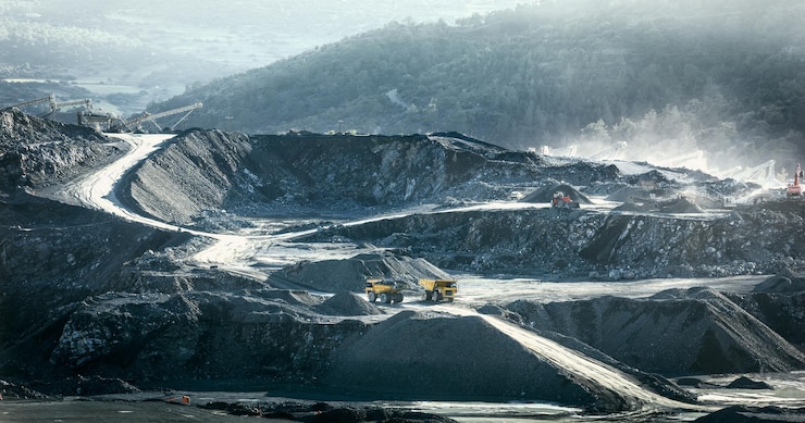 Photo crushing plant mining trucks and loaders working at stone quarry industrial landscape