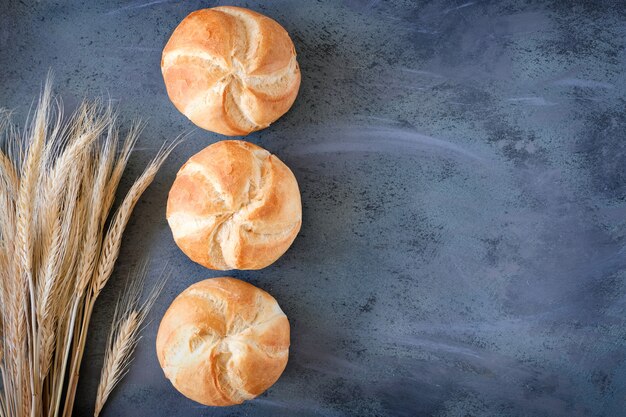 Crusty round bread rolls, known as Kaiser or Vienna rolls with a bunch of wheat ears on grey background