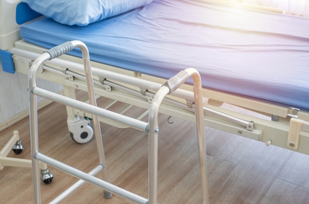 Photo crutches,bed and mobility aids in ward of hospital.