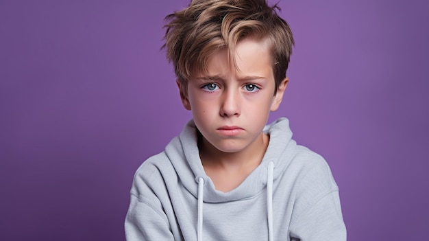 Cry boy kid isolated on blue studio background