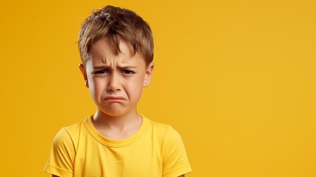 Cry boy kid isolated on blue studio background