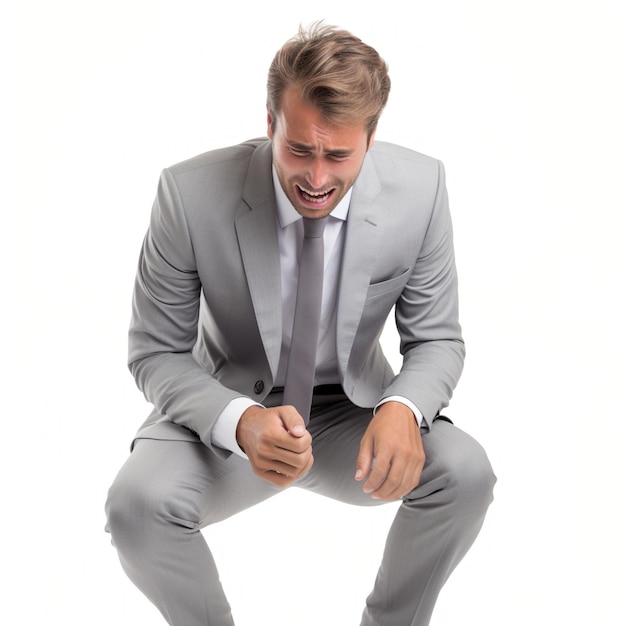 Crying businessman in suit and tie crouching on the floor