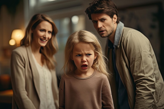 плачущий ребенок с родителями, спорящими на заднем плане Изображение рассказывает печальную историю семейного беспорядка