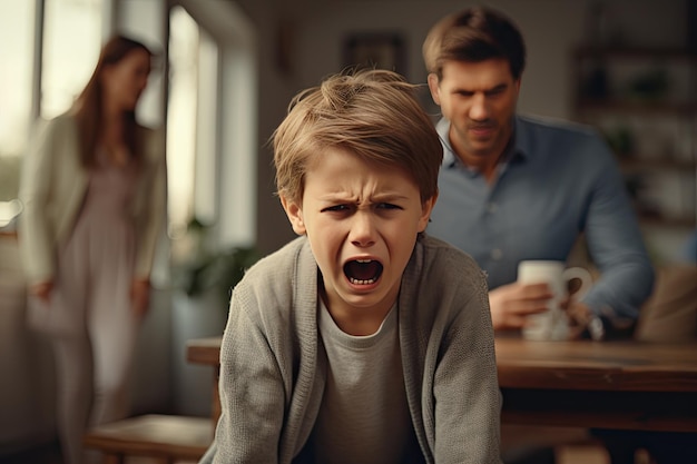 плачущий ребенок с родителями, спорящими на заднем плане Изображение рассказывает печальную историю семейных беспорядков