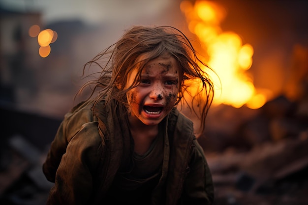 전쟁으로  ⁇ 손된 도시, 불꽃으로  ⁇ 손된 도시, 분쟁의 가혹한 현실 속에서 눈물을 흘리는 아이