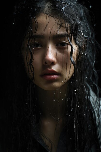 Crying Korean girl in the rain