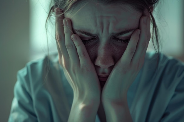 Crying nurse with her hands on her face