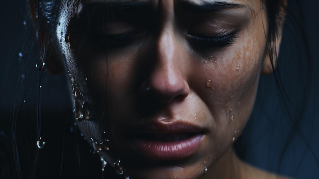 Foto donna che piange sotto la pioggia molto vicina