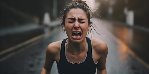 Photo a crying woman running concept emotional distress running away psychological pain fearful expression breaking point