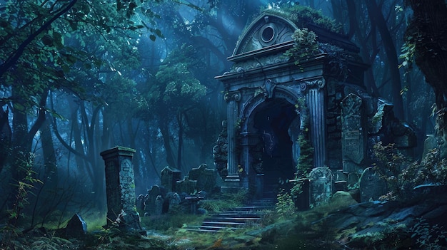 Крипта в лесу Темная и таинственная фантазия Фон с кладбищем и надгробными камнями