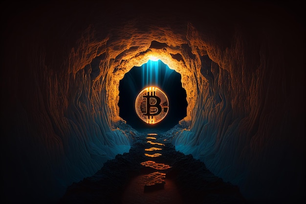 A crypto coin is lit up with the word b on it.