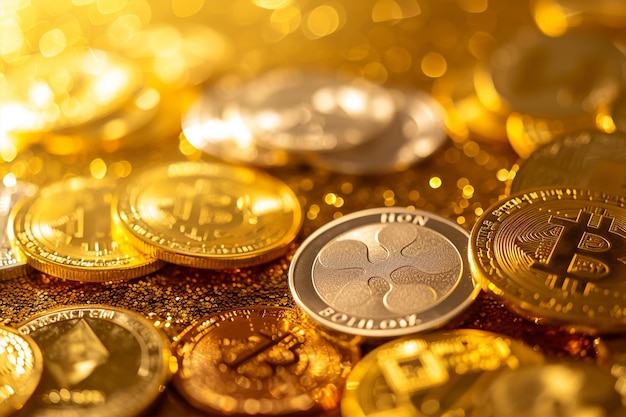 Crypto coins on gold background