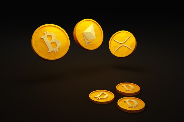 Photo crypto currency  golden coin with dollar money coin on the ground 3d illustration