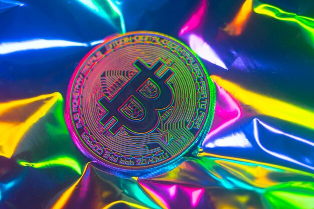 メタリックな背景に分離されたビットコイン シンボルと暗号通貨 greengolden コイン Bitcoin コイン