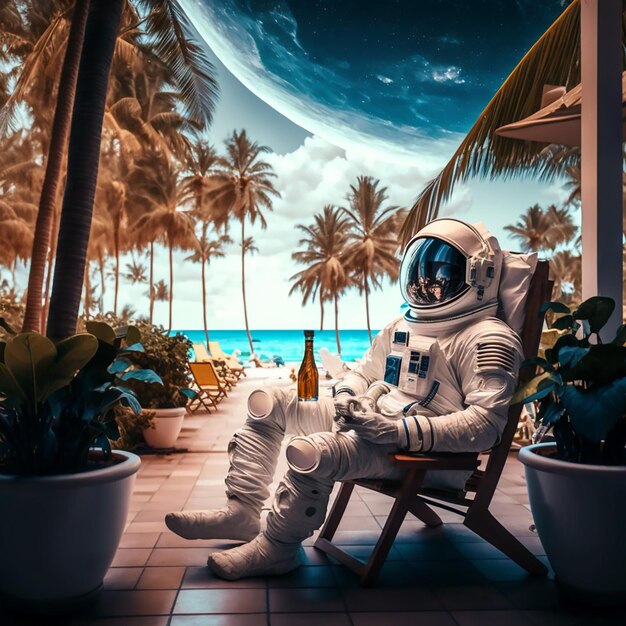 Photo crypto trader astronaut siting on a tropical resort