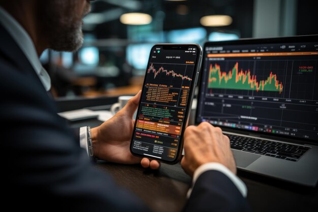 Crypto trader investor broker holding finger using cell phone app executing financial stock trade