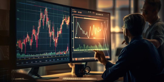 Photo crypto traders engrossed in discussing trading charts research reports and growth while analyzing strategies on their monitors embodying the concept of financial risks ai generative ai