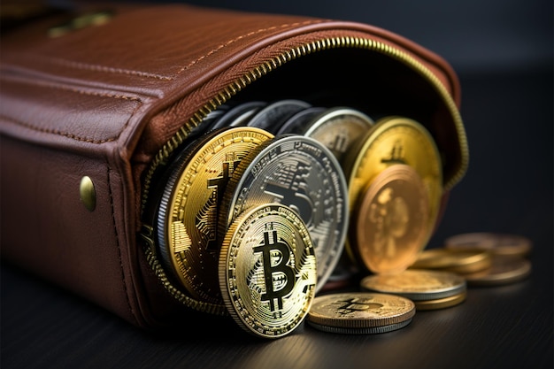 暗号財布の表示木製テーブルの上にビットコイン コインを持つ手