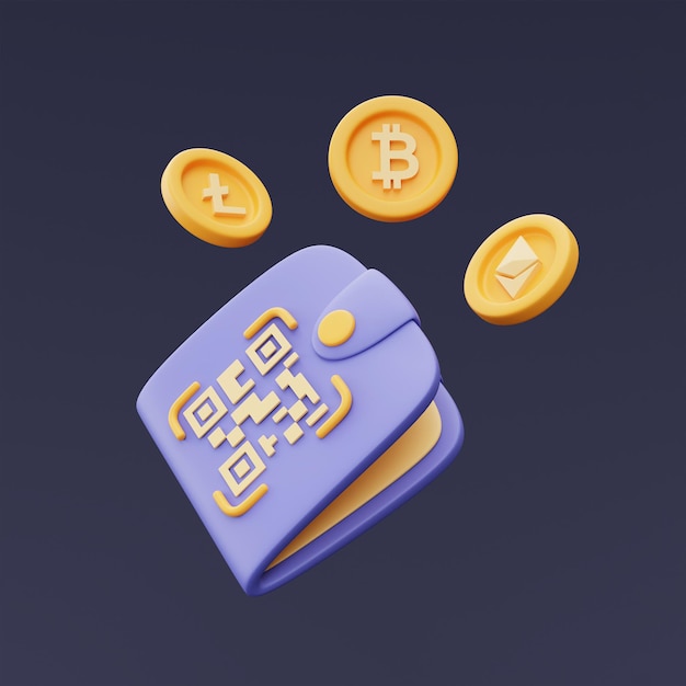 Crypto wallet with QR code scanning,golden bitcoin,Ethereum,Litecoin coins,Crypto currency transaction,blockchain technology services,minimal style.3d rendering.