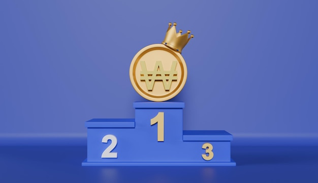 Crypto Won Coin on Top of Podium on Blue Background