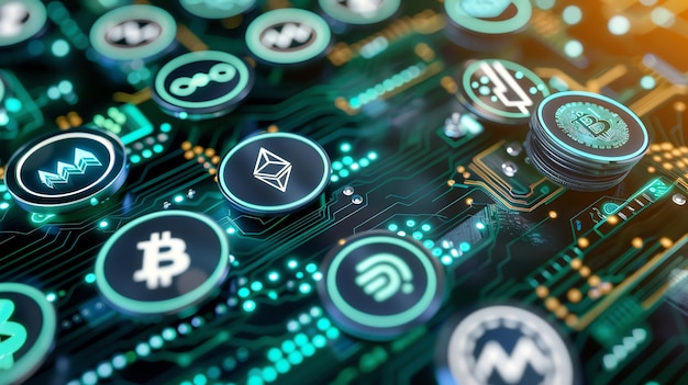 Photo cryptocurrencies displayed on a circuit board