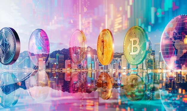 Photo cryptocurrencies photos arranged against a futuristic background