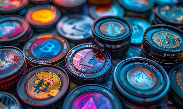 Photo cryptocurrencies in a scatter pattern