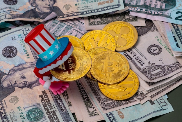 Cryptocurrencies on top of a pile of dollar bills. With a toothy mouth and an American flag hat.