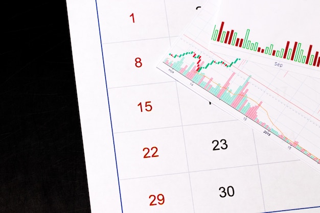 Cryptocurrency. bitcoin coin on a stock market charts and calendar.