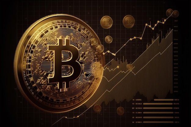 Cryptocurrency Bitcoin-muntstuk met gouden glans op digitale grafiekachtergrond Ai gegenereerd kunstwerk