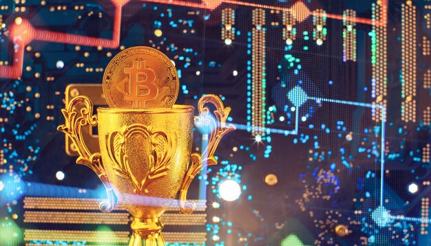 Cryptocurrency concept Golden bitcoin on winners cup background mainboard The future of money Computational equipment