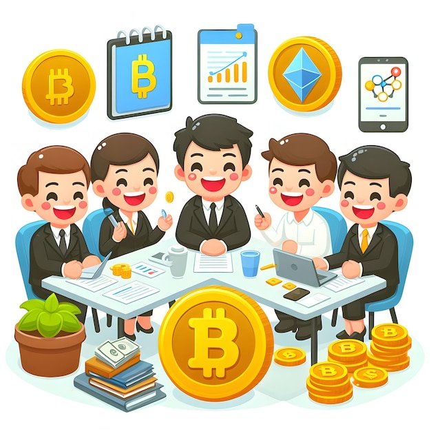 Cryptocurrency concept investor happy Een diverse groep investeerders die blockchain-technologie bespreken