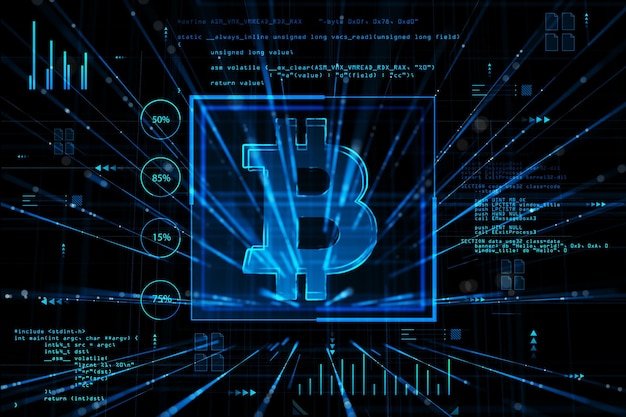 Cryptocurrency and digital money exchange concept with blue glowing bitcoin symbol in frame on dark background with coding fragment and data indicators 3D rendering