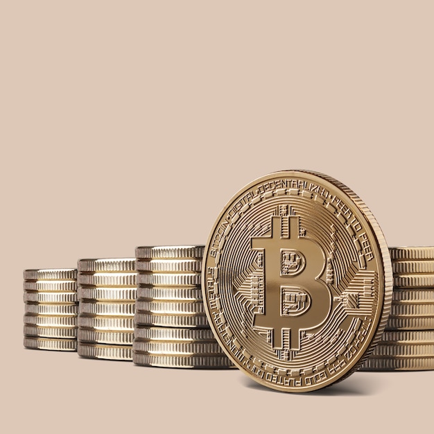 Cryptocurrency fysieke bitcoin gouden munten en stapels bitcoins