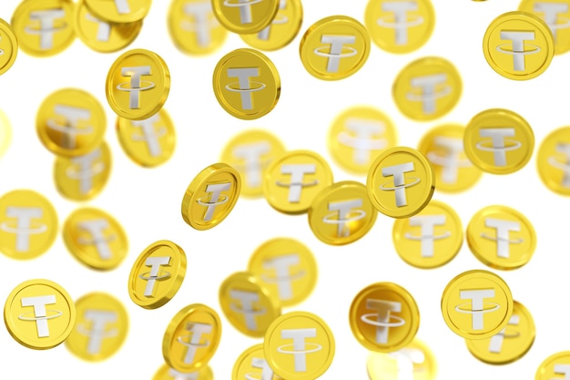 Cryptocurrency gold coins tether falling down on white background 3d render