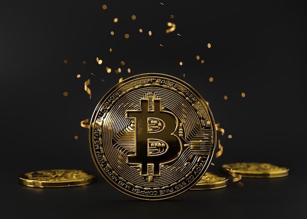 Cryptocurrency golden bitcoin coin on black background Symbol of crypto currency electronic virtual money for web banking and international network payment Business finance technology 3D render