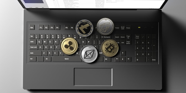 Photo cryptocurrency golden bitcoin and variety of virtual coins on a laptop 3d illustration
