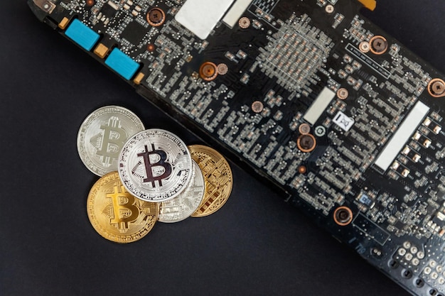 Cryptocurrency golden silver bitcoin coin lying on video card\
electronic virtual money for web banking and international network\
payment symbol of crypto virtual currency mining concept