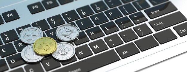 Cryptocurrency gouden bitcoin en verschillende zilveren virtuele munten op een laptop 3d illustratie