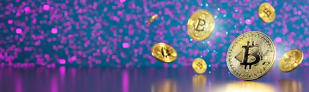 Cryptocurrency gouden bitcoin-munten met neonlichten Symbool van crypto-valuta elektronisch virtueel geld voor webbankieren en internationale netwerkbetaling Banner met kopieerruimte 3D-rendering