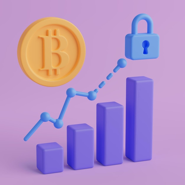 Cryptocurrency Growth en Security Concept Bitcoin Coin met staafgrafiek en slotsymbool 3D-rendering