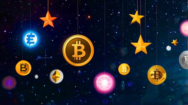 Photo cryptocurrency logos floating in the background space lights