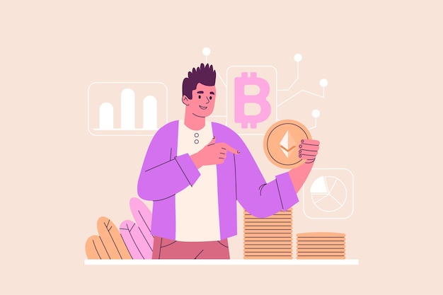 フラット・カートゥーン・デザインの人々のシーンを描いた暗号通貨市場のコンセプト