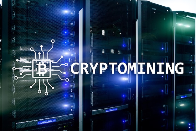 Cryptocurrency mining concept on server room background