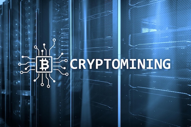 Cryptocurrency mining concept on server room background