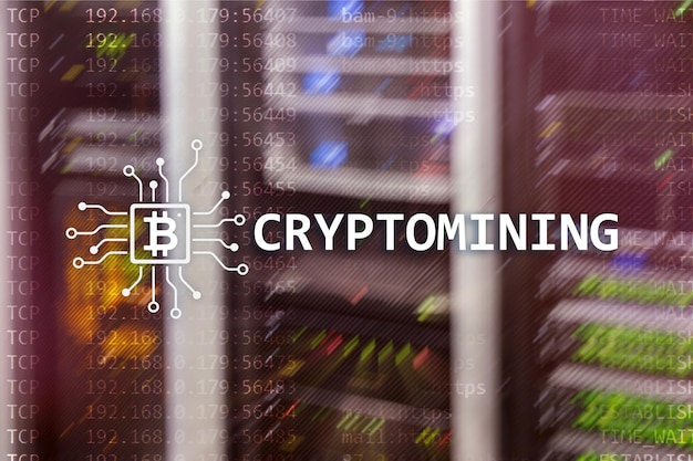 Cryptocurrency mining concept on server room background