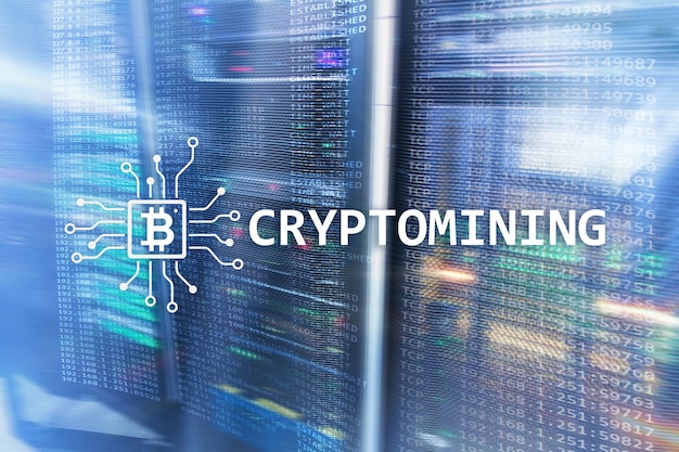 Cryptocurrency mining concept on server room background