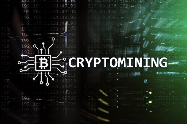 Cryptocurrency mining concept on server room background