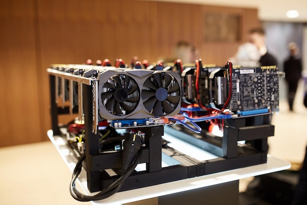 Cryptocurrency mining equipment  lots of gpu cards on mainboard